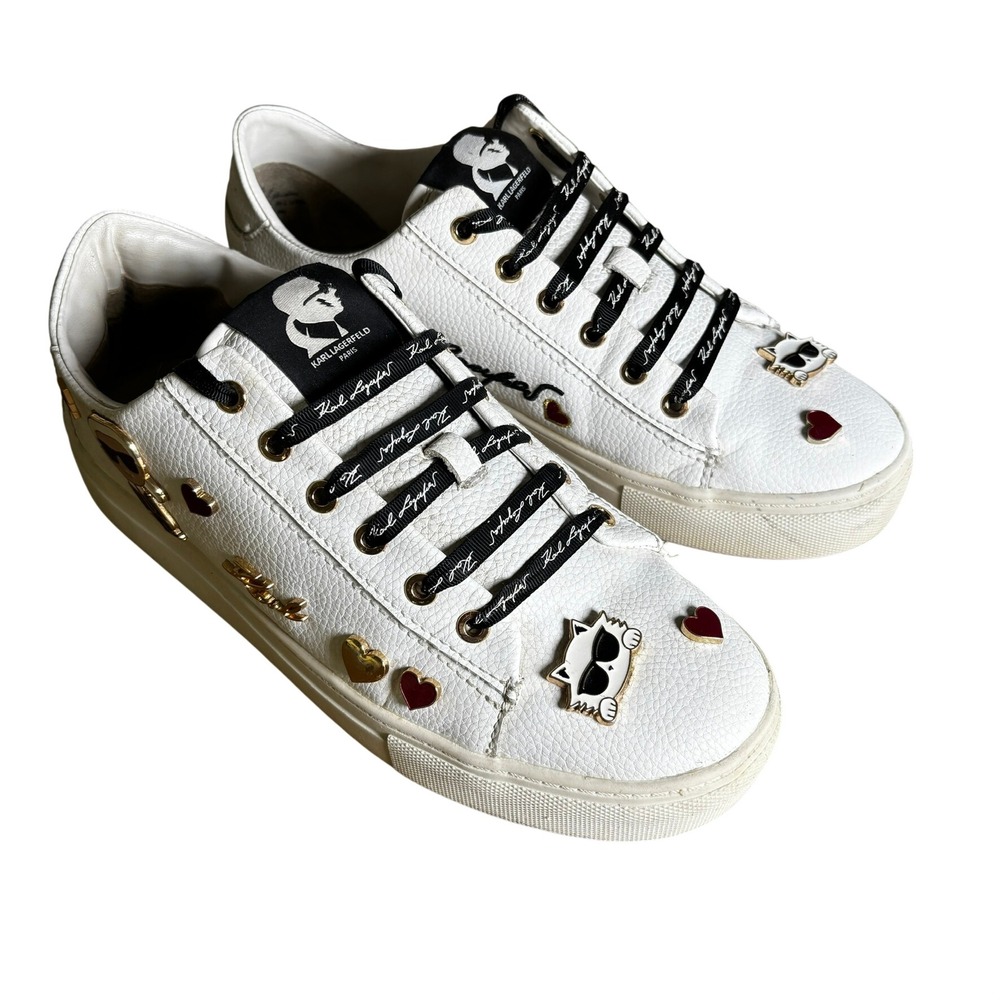 Karl Lagerfeld Paris Size 9/40 White Leather Karlito‎ Cat Heart Sneakers Women